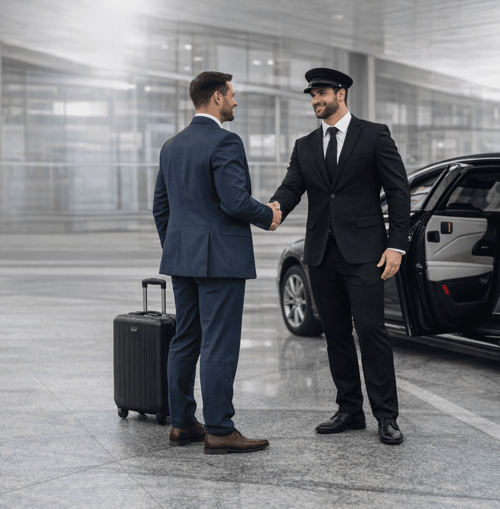 Professional chauffeur greeting passenger at airport